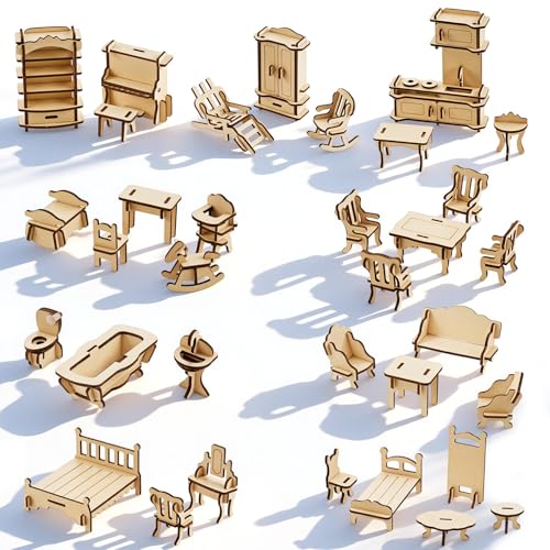 34 PCS DIY Wooden Dollhouse Furniture Set, 1:20 Scale Miniature Room Accessories for Kitchen Living Room Bathroom for DIY Crafts Project
