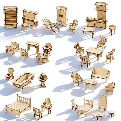34 PCS DIY Wooden Dollhouse Furniture Set, 1:20 Scale Miniature Room Accessories for Kitchen Living Room Bathroom for DIY Crafts Project
