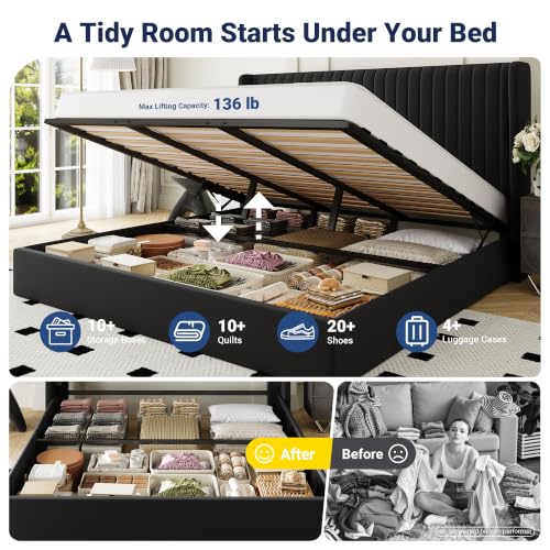 King Size Lift Up Storage Bed Frame Channel Tufted Headboard Black, view 4
