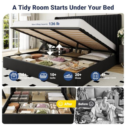 King Size Lift Up Storage Bed Frame Channel Tufted Headboard Black, view 4