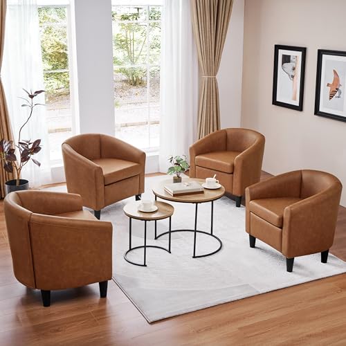 Leather Accent Chair, PU Leather Modern Barrel Chair Club Armchair with Soft Padded for Living Room Bedroom, Brown, Set of 2