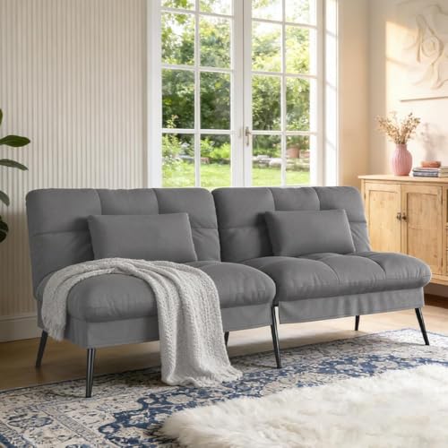 72″Futon Sofa Bed,Modern Convertible Sleeper Sofa, Fabric Futon Couch with Multi-Position Backrest for Living Room Furniture (Grey) | Convertible Fabric futon couch with pillows, upholstered recliner lounge, multi-angle loveseat, living room furniture