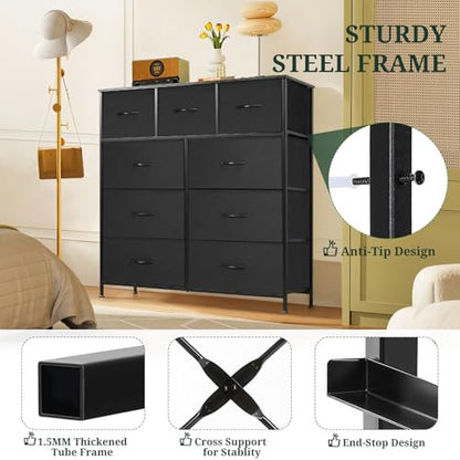 9-Drawer Dresser for Bedroom, Anti-Tip Tall Storage Organizer Chest of Drawers with Wooden Top and Metal Frame Fabric Bins for Closet, Living Room, Hallway, Entryway, Black