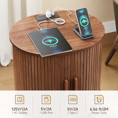 Oval End Table with Storage & Charging Station, Fluted Accent Side Table with Sliding Door & Adjustable Shelf, Mid-Century Modern Nightstand Set of 2 for Living Room, Bedroom, Walnut(2-Pack)