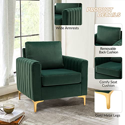 Velvet Accent Club Chair, Modern Velvet Armchair Upholstered Accent Club Sofa Chair with Gold Metal Legs Mid-Century Barrel Leisure Comfy Reading Armchair, Green