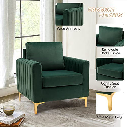 Velvet Accent Club Chair, Modern Velvet Armchair Upholstered Accent Club Sofa Chair with Gold Metal Legs Mid-Century Barrel Leisure Comfy Reading Armchair, Green