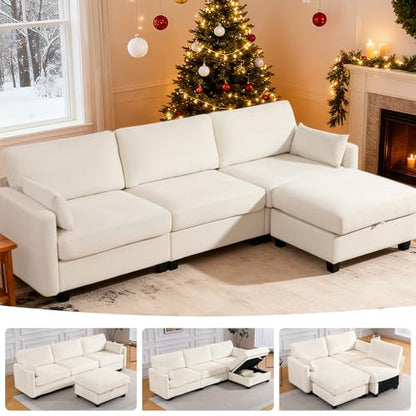109'' Modular Sectional Sofa, L Shaped Couch with Storage Ottoman, Comfy Cloud Sofa with Deep Seat, 4 Seat Convertible Sectional Couches for Living Room(Beige, High Legs 3.15'')