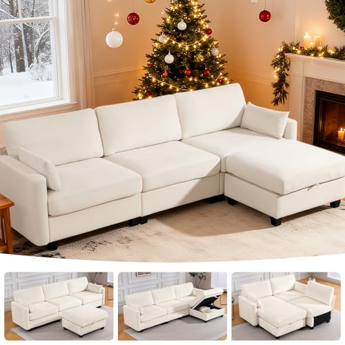 109'' Modular Sectional Sofa, L Shaped Couch with Storage Ottoman, Comfy Cloud Sofa with Deep Seat, 4 Seat Convertible Sectional Couches for Living Room(Beige, High Legs 3.15'')