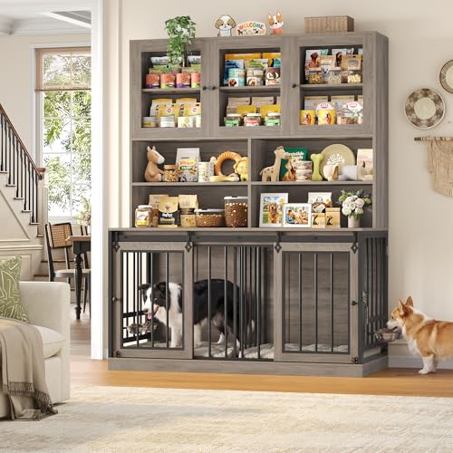 71" Tall Dog Crate Furniture, Indoor Dog Kennel with Storage, Grey, view 3