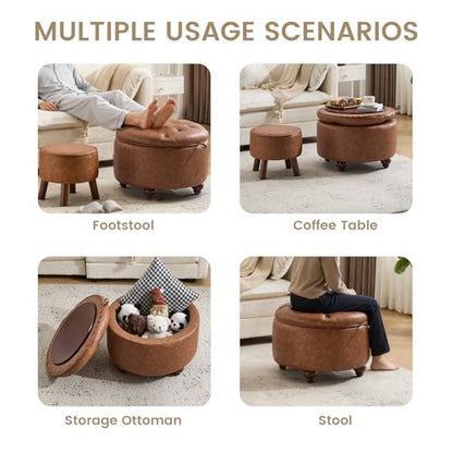24Inch Round Storage Ottoman, Set of 2, Modern PU Leather Coffee Table with Removable Top, Upholstered Ottoman with Storage Footrest Stool for Living Room, Bedroom (Brown)