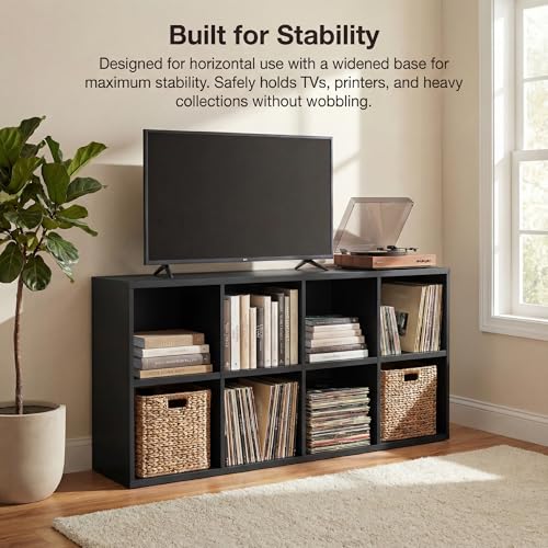 Modern TV Stand for Televisions up to 55 Inch, Mid Century Entertainment Center with 8 Open Shelves for 32/43/50/55 Inchs TVs, Media Console with Adjustable Shelves for Living Room, Black