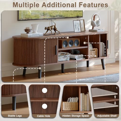 Mid Century Modern TV Stand for TVs up to 60 Inch, Entertainment Center with Fluted Sliding Doors and Hidden Storage, TV Console with Adjustable Shelf for Living Room, Bedroom, Walnut