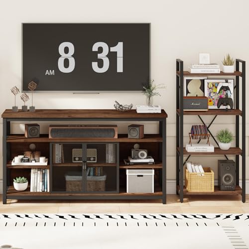 Tall TV Stand for TVs up to 65 Inch, Industrial Wood Entertainment Center with Storage Cabinet, Farmhouse TV Media Console for Living Room and Bedroom (32 Inch High, Rustic Oak)