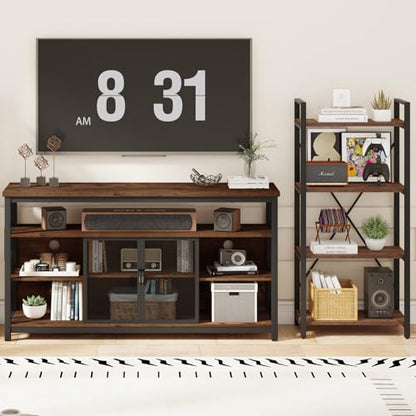 Tall TV Stand for TVs up to 65 Inch, Industrial Wood Entertainment Center with Storage Cabinet, Farmhouse TV Media Console for Living Room and Bedroom (32 Inch High, Rustic Oak)
