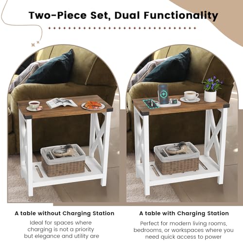 Farmhouse End Tables Living Room Set of 2, Narrow Side Table with Charging Station, Slim Nightstand for Small Space, Skinny Bedside Table, Sofa Side Table with Storage Shelf, White & Brown
