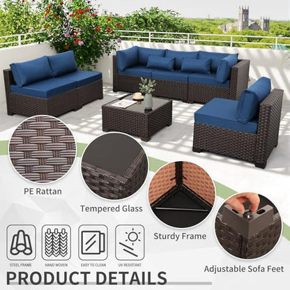 Outdoor Patio Furniture Set 7 Pieces Wicker Sectional Sofa Brown Rattan Conversation Couch with Coffee Table, Anti-Slip Thick Nave Blue Cushion