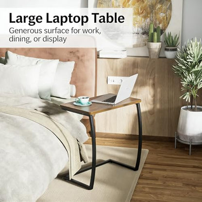 Side Table, End Table, Vintage C-Shaped Couch Table for Sofa Laptop Coffee Snack, Walnut