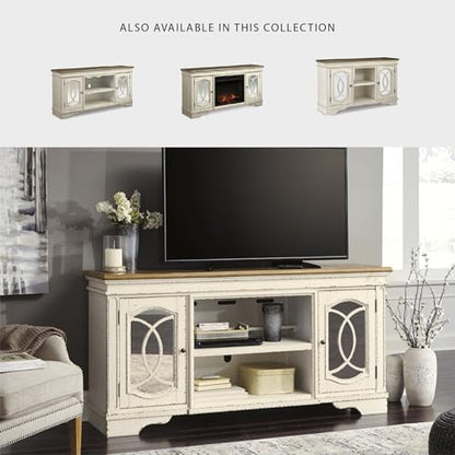 Signature Design by Ashley Realyn 74" Farmhouse TV Stand with Fireplace Option, White Entertainment Center for TVs up to 85", Antiqued Chipped White, Wood, Veneer and Engineered Wood
