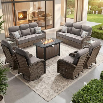Outdoor Swivel Rocking Chair Patio Set (9pcs) High-Back - Thick Cushion Swivel Rocking Chair Patio with Fire Table Set, All-Weather Wicker Patio Furniture Set, Suitable for Balcony Patios, Brown/Gery