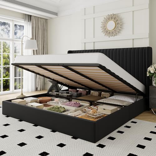 King Size Lift Up Storage Bed Frame Channel Tufted Headboard Black, view 2