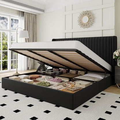 King Size Lift Up Storage Bed Frame Channel Tufted Headboard Black, view 2