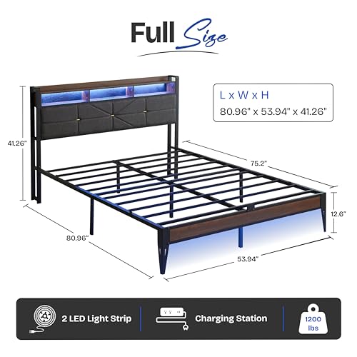 Upholstered Platform Bed Frame with Charging Station and Light Strips, Black, view 3
