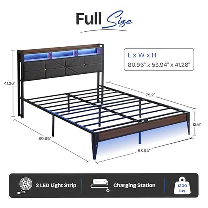 Upholstered Platform Bed Frame with Charging Station and Light Strips, Black, view 3