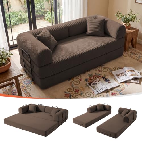 79'' Convertible Sofa Bed, Boneless Couch-in-a-Box, Corduroy Floor Futon Loveseat Sleeper, 26'' Deep Seat, Removable Machine-Wash Covers, No Assembly, 2 Pillows, Brown