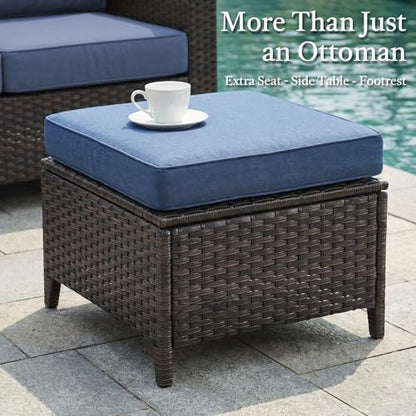 Outdoor Ottoman Set of 2 - PE Wicker Rattan Ottoman Patio Footstool for Deck Porch Balcony Garden - Brown/Blue