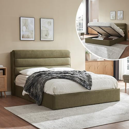 Queen Size Lift Up Storage Bed with Linen Headboard, Green, view 3