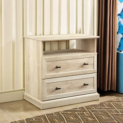 Clyde Classic Rustic 2-Drawer Open-Cubby Nighstands End Side Tables Living Room Bedroom Storage, White Oak
