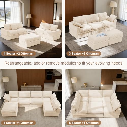 Upgrade Boneless Couch with Storage, Extra Deep&High Seat Modular Sectional Sofa 3 Seater U Shaped Cloud Couch with Ottoman, Tool-Free Assembly Sectional Couches for Living Room