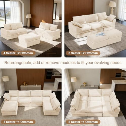 Upgrade Boneless Couch with Storage, Extra Deep&High Seat Modular Sectional Sofa 3 Seater U Shaped Cloud Couch with Ottoman, Tool-Free Assembly Sectional Couches for Living Room