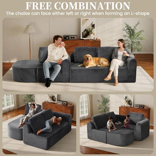 108” Modular Sectional Sofa, Boneless Couches for Living Room, Deep Seat L-Shape Cloud Couch with Chaise, Comfy Sofa Freely Change Configurations No Assembly Required, Soft Plush Corduroy Fabric(Grey)