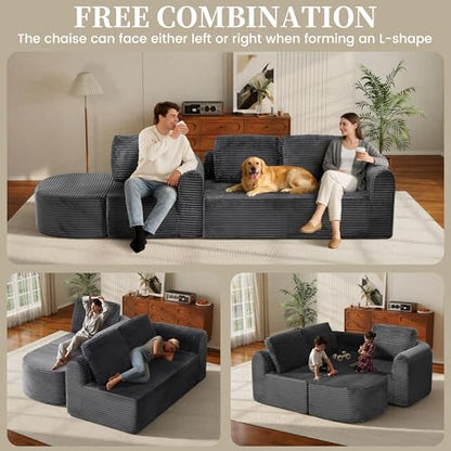 108” Modular Sectional Sofa, Boneless Couches for Living Room, Deep Seat L-Shape Cloud Couch with Chaise, Comfy Sofa Freely Change Configurations No Assembly Required, Soft Plush Corduroy Fabric(Grey)