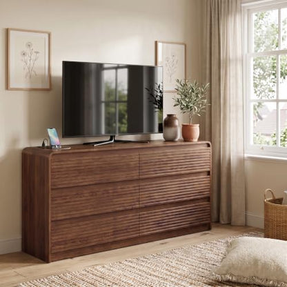55" W Walnut Fluted 6-Drawer Dresser for Bedroom w/Power Outlet, view 3