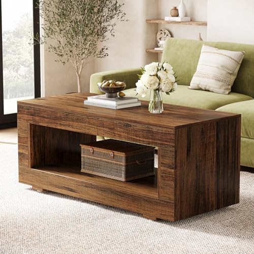 Tribesigns Wood Coffee Table for Living Room, 43.3" Modern Farmhouse Coffee Table with Storage, 2-Tier Rectangular Center Table Cocktail Living Room Table with Sturdy Base, Rustic Brown