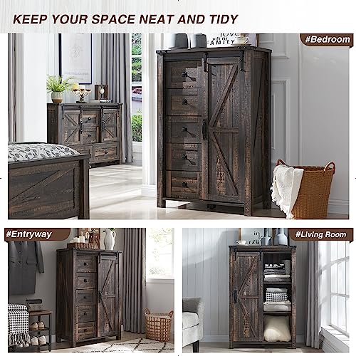 5 Drawers Dresser for Bedroom w/Sliding Barn Door, Farmhouse Modern Tall Dresser 5 Chest of Drawers, Storage Organizer for Bedroom, Hallway, Living Room, Kids Room, Dark Rustic Oak