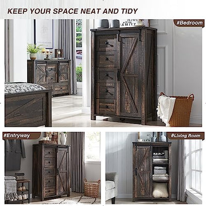5 Drawers Dresser for Bedroom w/Sliding Barn Door, Farmhouse Modern Tall Dresser 5 Chest of Drawers, Storage Organizer for Bedroom, Hallway, Living Room, Kids Room, Dark Rustic Oak