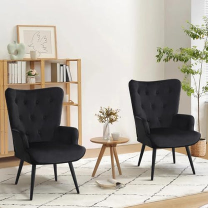 Accent Chairs Set of 2, Black Velvet Reading Armchairs with High Backrest, Wingback Corner Chairs - Mid Century Modern for Living Room, Bedroom, Waiting Room