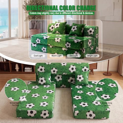 59" Convertible Sofa Bed with High Backrest & Washable Cover, Compression Boneless Couch in a Box, Sectional Loveseat Floor Sleeper Sofa for Bedroom, Living Room, World Cup, Football Green