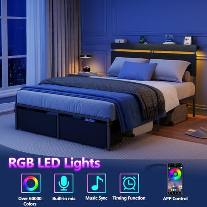 Full Size Bed Frame with Wood Headboard,2 Storage Drawers & Shelf, view 7