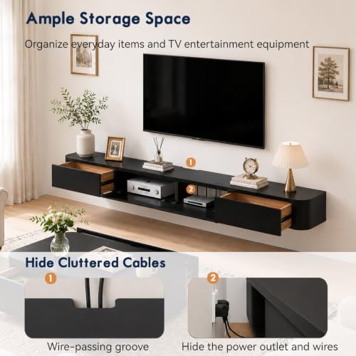 Solid Wood Floating TV Stand with LED Light Modern Wall Mounted Entertainment, view 5