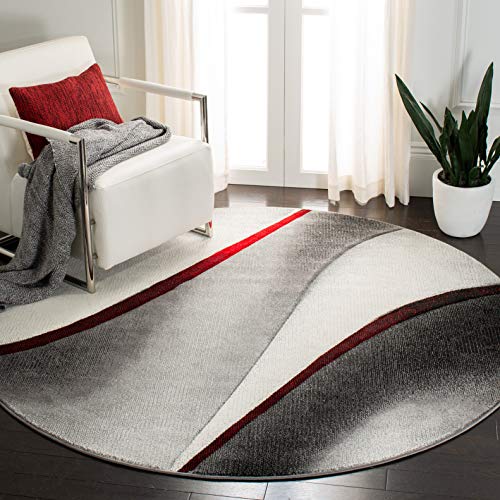 SAFAVIEH Hollywood Collection Area Rug - 9' Round, Grey & Red, Mid-Century Modern Design, Non-Shedding & Easy Care, Ideal for High Traffic Areas in Living Room, Bedroom (HLW712K)