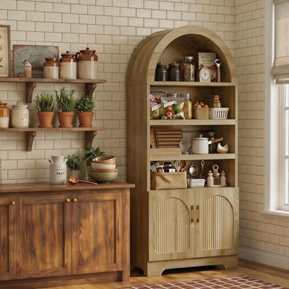 71" Tall Arched Kitchen Pantry, Arched Cabinet with Doors, Modern Farmhouse Wood Kitchen Storage Cabinets with 3-Tier Adjustable Shelves, Cupboard for Living Room, Dining Room, Kitchen, Oak