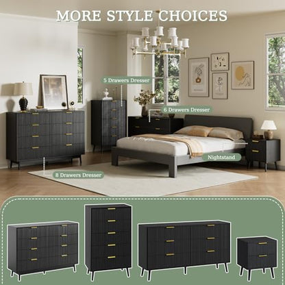 Fluted Dresser and Nightstand Sets 3 Piece, 6-Drawers Dresser and 1-Drawer Nightstands Set of 2, Wood Bedroom Furniture Set for Home, Bedroom, Hallway, Black