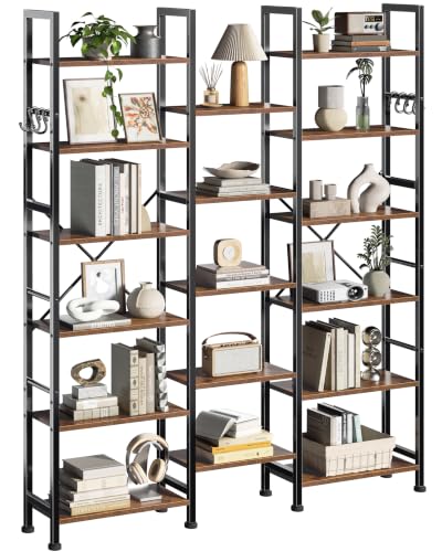 Triple Column Rustic Bookshelf with Hooks and Shelves, view 2