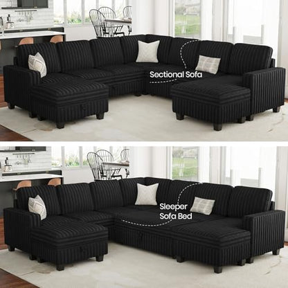 Oversized Sofa Bed Modular Sectional Sleeper Sofa with Pull Out Bed L Shaped Couch with Storage Chaise Black Couch