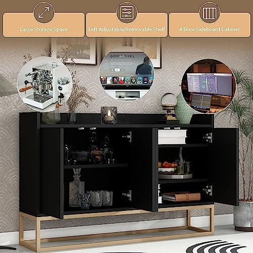 LUMISOL Modern Sideboard Storage Cabinet with Doors and Adjustable Shelves Wooden Kitchen Sideboard Buffet Cabinet with Metal Base and Fence Tabletop, Black
