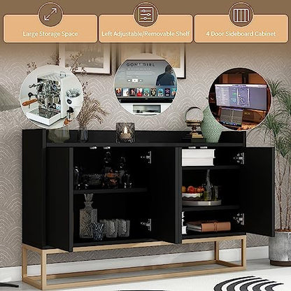 LUMISOL Modern Sideboard Storage Cabinet with Doors and Adjustable Shelves Wooden Kitchen Sideboard Buffet Cabinet with Metal Base and Fence Tabletop, Black